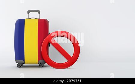 Valigia con bandiera della Romania senza cartello d'ingresso. Concetto di divieto di viaggio. Rendering 3D Foto Stock