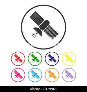 Set di icone satellitari con antenna e pannelli solari. Design semplice e piatto per logo, applicazioni e siti Web. Illustrazione Vettoriale