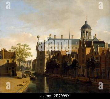 Gerrit Berckheyde - Vista del Nieuwezijds Voorburgwal con il Municipio di Amsterdam. Foto Stock