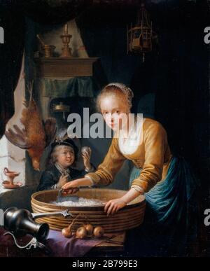 Gerrit Dou - ragazza tritare cipolle Foto Stock