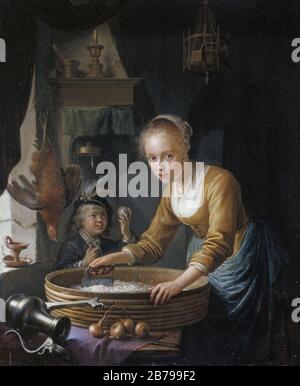 Gerrit Dou 1646 Pittura Girl Chopping Onions. Foto Stock