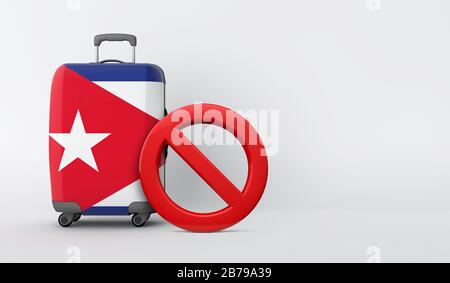 Valigia con bandiera a Cuba senza cartello d'ingresso. Concetto di divieto di viaggio. Rendering 3D Foto Stock