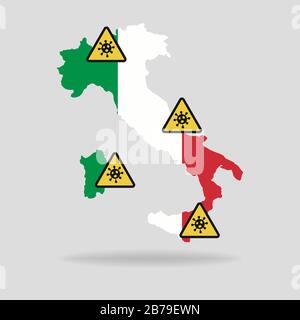Mappa con la bandiera d'Italia e Pandemic stop Romanzo Coronavirus focolaio covid-19 2019-nCoV segno. Illustrazione Vettoriale