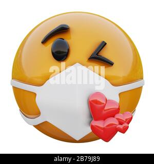 Rendering 3D di viso emoji giallo lancio di un bacio con in maschera medica di protezione da coronavirus 2019-nCoV, MERS-nCoV, sars, influenza aviaria e altri virus Foto Stock