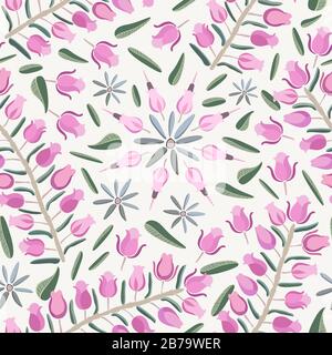 Piccole rose porpora rosa come fiori sui rami e disposte in cerchi con piccole foglie verdi su uno sfondo chiaro eps ripetizione modello. Illustrazione Vettoriale