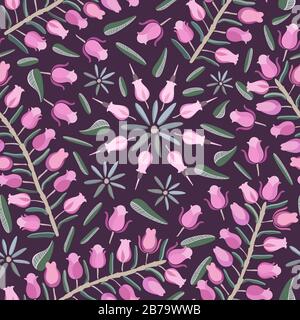 Piccole rose porpora rosa come fiori sui rami e disposte in cerchi con piccole foglie verdi sul motivo eps di fondo più scuro Illustrazione Vettoriale