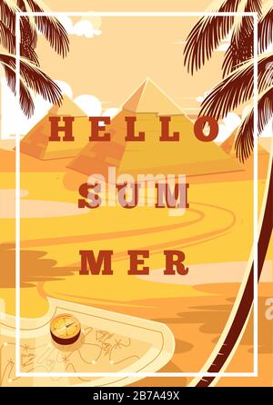 Ciao Estate. Piramide Dei Cartoni Animati Di Giza. Paesaggio egiziano con antiche piramidi. Può essere utilizzato per la compagnia di viaggi e la cartolina turistica. Illustrazione del vettore Illustrazione Vettoriale