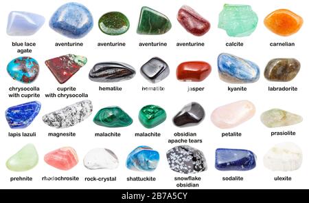 set di varie pietre lucidate con nomi (calcite, ulexite, magnesite, cuprite, crisocolla, malachite, kyanite, shattuckite, ossidiana, ematite, laz Foto Stock