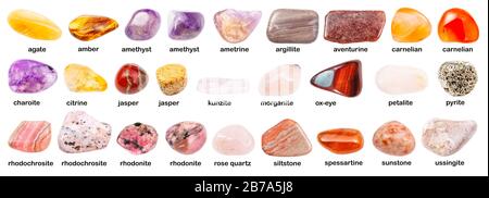 collezione di gemme varie con nomi (kunzite, silltstone, aleurite, morganite, carnelian, petalite, quarzo, aventurina, calcedonia, rodonite, p Foto Stock