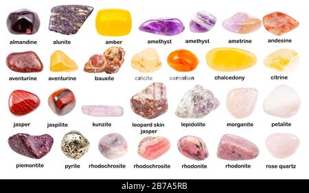 collage di varie gemme con nomi (bauxite, kunzite, piemontite, rodocrosite, quarzo, carnelian, cornelian, petalite, morganite, vorobyevite, Foto Stock