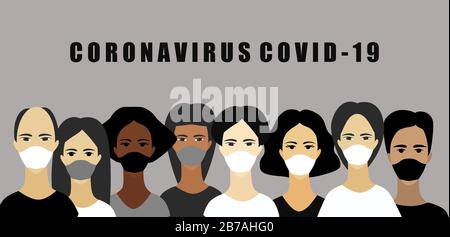 Persone che indossano maschere mediche per prevenire Covid-19.People faccia in maschera protettiva respiratoria e malattia delle cellule di coronavirus. Casi di influenza pericolosi. Illustrazione Vettoriale