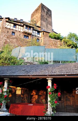 Burghotel Castle Hotel Auf Schönburg (Auf Schoenburg) a Oberwesel, Germania sopra la valle del fiume Reno superiore (Rhein). Giardini all'aperto con rose rosse. Foto Stock