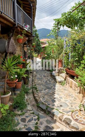 La vecchia Kakopetria nei Monti Troodos. La vista sulla strada lastricata in pietra circondata da fiori e le case tradizionali con balconi in legno. N Foto Stock