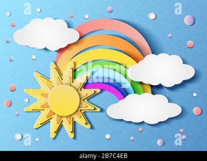 Sole e arcobaleno con nuvole Illustrazione Vettoriale