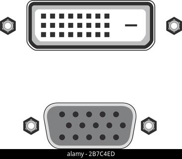 Porta o connettore VGA e DVI. Illustrazione vettoriale in stock isolata su sfondo bianco. Illustrazione Vettoriale