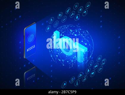 Concetto IoT. Internet Delle Cose. Monitoraggio e controllo di tutti i sistemi intelligenti interni da parte del telefono cellulare. Rete globale controllata da smartphone con icone se Illustrazione Vettoriale