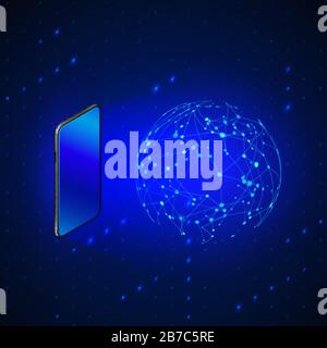 Ologramma Global Networking by Mobile Screen. Tecnologia futura 5g e 6g Internet mobile. Banner isometrico astratto IoT o ai. Vettore Illustrazione Vettoriale