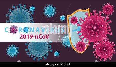 Striscione di coronavirus per la consapevolezza e l'attenzione contro la diffusione di malattie, sintomi o precauzioni. Progetto del virus Corona con polmoni infetti e microscopi del virus Illustrazione Vettoriale