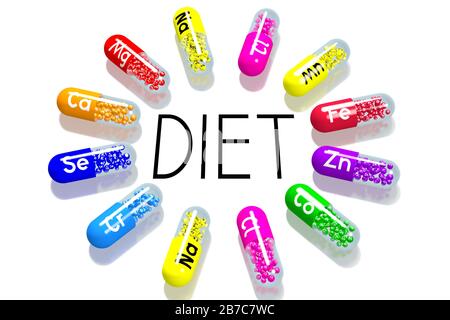 Concetto di dieta - pillole colorate Foto Stock