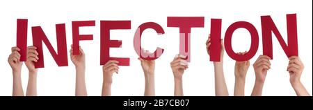La gente mani che tiene infezione di parola, sfondo isolato Foto Stock