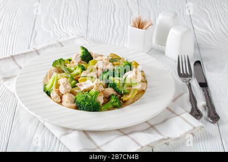 Carne di pollo con verdure verdi: Zucchine, broccoli, cipolla e rosmarino su un piatto bianco su sfondo di legno bianco, primo piano, orientamento verticale Foto Stock