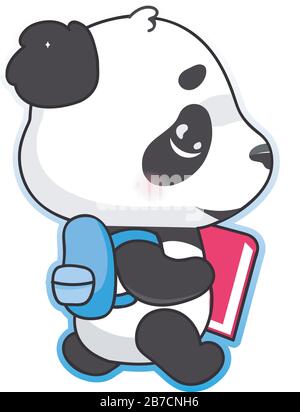 Carino panda torna a scuola kawaii cartoon personaggio vettore. Adorabile, felice e divertente animale con zaino e libro isolato adesivo, patch. Bambino di ANIME Illustrazione Vettoriale