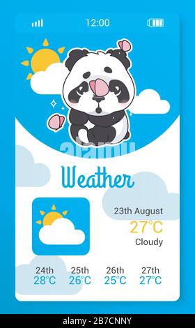 Previsioni meteo per i bambini schermo app mobile con cartoon kawaii personaggio. Clima, meteorologia smartphone girlish widget, applicazione mockup. UI, UX Illustrazione Vettoriale