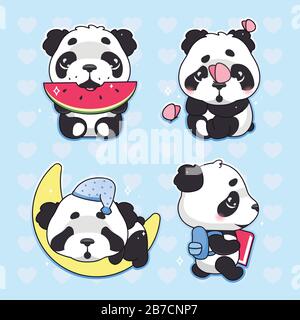 Carino panda kawaii cartoni animati set di personaggi vettoriali. Adorabile e divertente animale mangiare anguria, dormire sulla luna isolato adesivo, patch pack. Anime Illustrazione Vettoriale