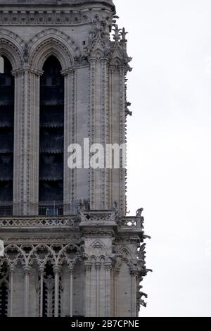 Primo piano della torre destra della cattedrale di Notre Dame a Parigi, Francia, Europa Foto Stock