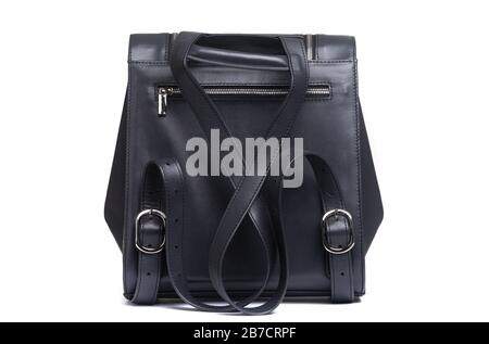 zaino nero in pelle con fondo bianco Foto Stock