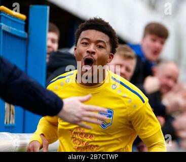 Decarrey Sheriff di Concord Rangers celebra il suo obiettivo durante il Vanarama National League South Match tra Concord Rangers e Tonbridge Angels Foto Stock
