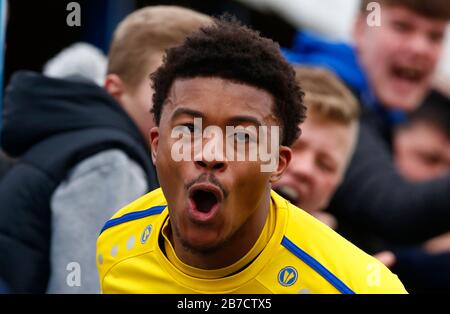 Decarrey Sheriff di Concord Rangers celebra il suo obiettivo durante il Vanarama National League South Match tra Concord Rangers e Tonbridge Angels Foto Stock