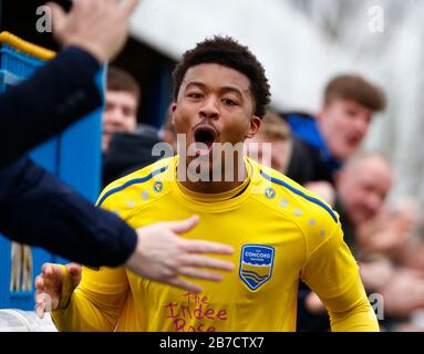 Decarrey Sheriff di Concord Rangers celebra il suo obiettivo durante il Vanarama National League South Match tra Concord Rangers e Tonbridge Angels Foto Stock