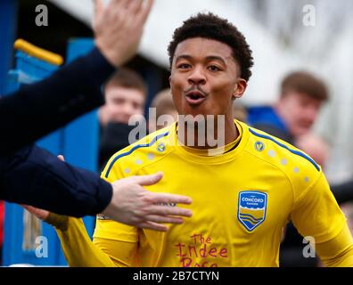 Decarrey Sheriff di Concord Rangers celebra il suo obiettivo durante il Vanarama National League South Match tra Concord Rangers e Tonbridge Angels Foto Stock