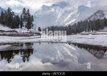 Nanga parbat montagna riflessione in lago su prati pelosi valle bello inverno nevoso paesaggio Karakoram Pakistan Foto Stock