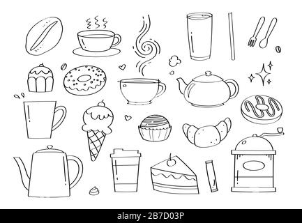 Carino caffè Doodle caffè e cartoni animati da forno icone e oggetti. Illustrazione Vettoriale
