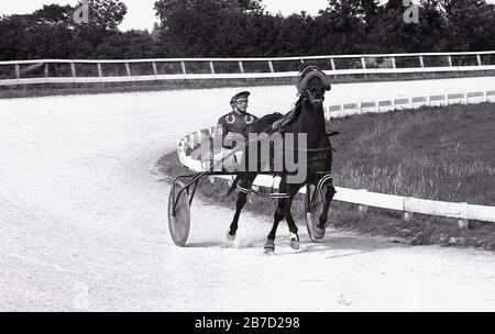 1986, storico concorrente che partecipa alle corse di imbracatura, una forma di corse di cavalli in cui i cavalli trainano i piloti o i piloti seduti su un leggero carrello a due ruote, chiamato un sulky intorno a una pista di sterrato. Foto Stock