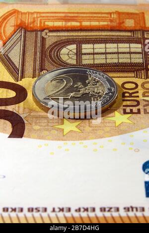 Banconote e monete in euro, Unione europea Foto Stock