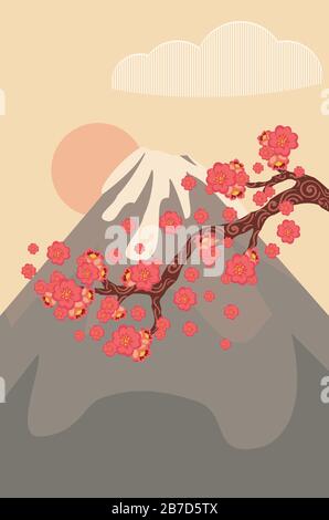 Fiore di ciliegia primaverile, ramo Sakura e vulcano, sfondo vintage. Illustrazione Vettoriale