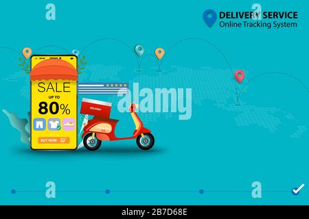 Concetto di servizio di consegna con sistema di tracciamento online, scooter messo vicino a smartphone che il display contiene tasso di sconto e elenco di prodotti. Illustrazione Vettoriale