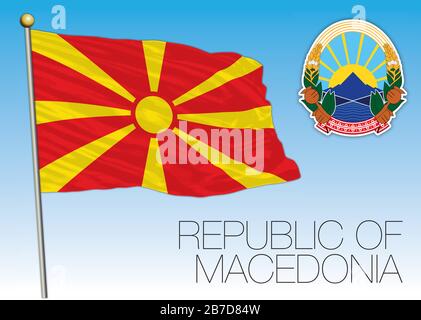 Nord Macedonia bandiera nazionale ufficiale e stemma, Europa, illustrazione vettoriale Illustrazione Vettoriale