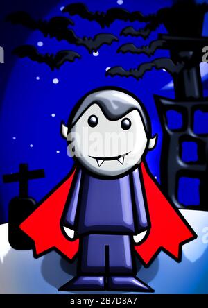Illustrazione di uno stile comico Dracula in un cimitero di notte Foto Stock