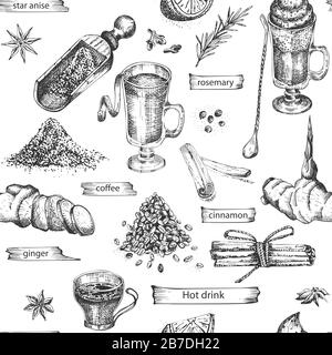 Motivo senza cuciture con disegno a mano vintage elementi di zinco a caldo isolati su sfondo bianco. Anice stellato, cannella, lavanda, rosmarino, limone Illustrazione Vettoriale