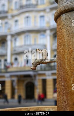 Acqua di rubinetto di una fonte minerale di fronte al famoso storico Spa Hotel a Marienbad (Marianske Lazne) nella Boemia occidentale, in Cechia Foto Stock