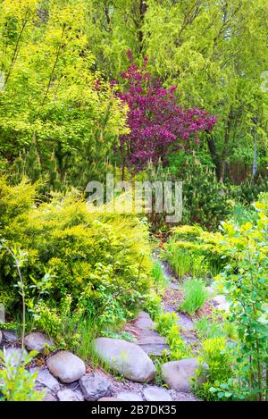 Parte panoramica del parco pubblico, sentiero in pietra per passeggiate con foglie fresche e colorate, fiori luminosi su alberi e cespugli. Foto Stock