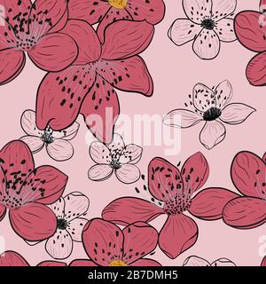 Disegnato a mano, fiori di ciliegio, moderno sfondo rosa. Illustrazione vettoriale senza cuciture del concetto floreale astratto. Sakura fiore di ciliegio. Fiore di primavera. Illustrazione Vettoriale