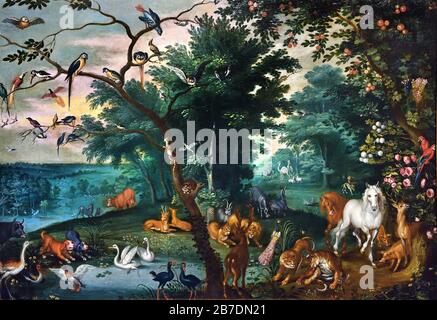 Il Paradiso terrestre di Jan Brueghel il più giovane 1601-1678 la famiglia Brueghel ( Bruegel o Breughel ), pittori fiamminghi 16 - 17 ° secolo, belga, Belgio. Foto Stock