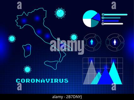 Diffusione dell'epidemia di coronavirus in Italia. Influenza, diffusione dell'influenza sulla mappa dell'Italia. Dangerous virus Covid-19 su sfondo futuristico griglia. Illustrazione Vettoriale