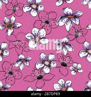 Disegnato a mano, fiori di ciliegio, moderno sfondo color pastello rosa. Illustrazione vettoriale senza cuciture del concetto floreale. Sakura fiore di ciliegio. Fiore di primavera. Illustrazione Vettoriale