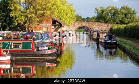 Imbarcazioni a narrowboat ormeggiate presso il cantiere navale di Anyho sul South Oxford Canal, Oxfordshire, Anyho, Inghilterra, Regno Unito, la Gran Bretagna Foto Stock